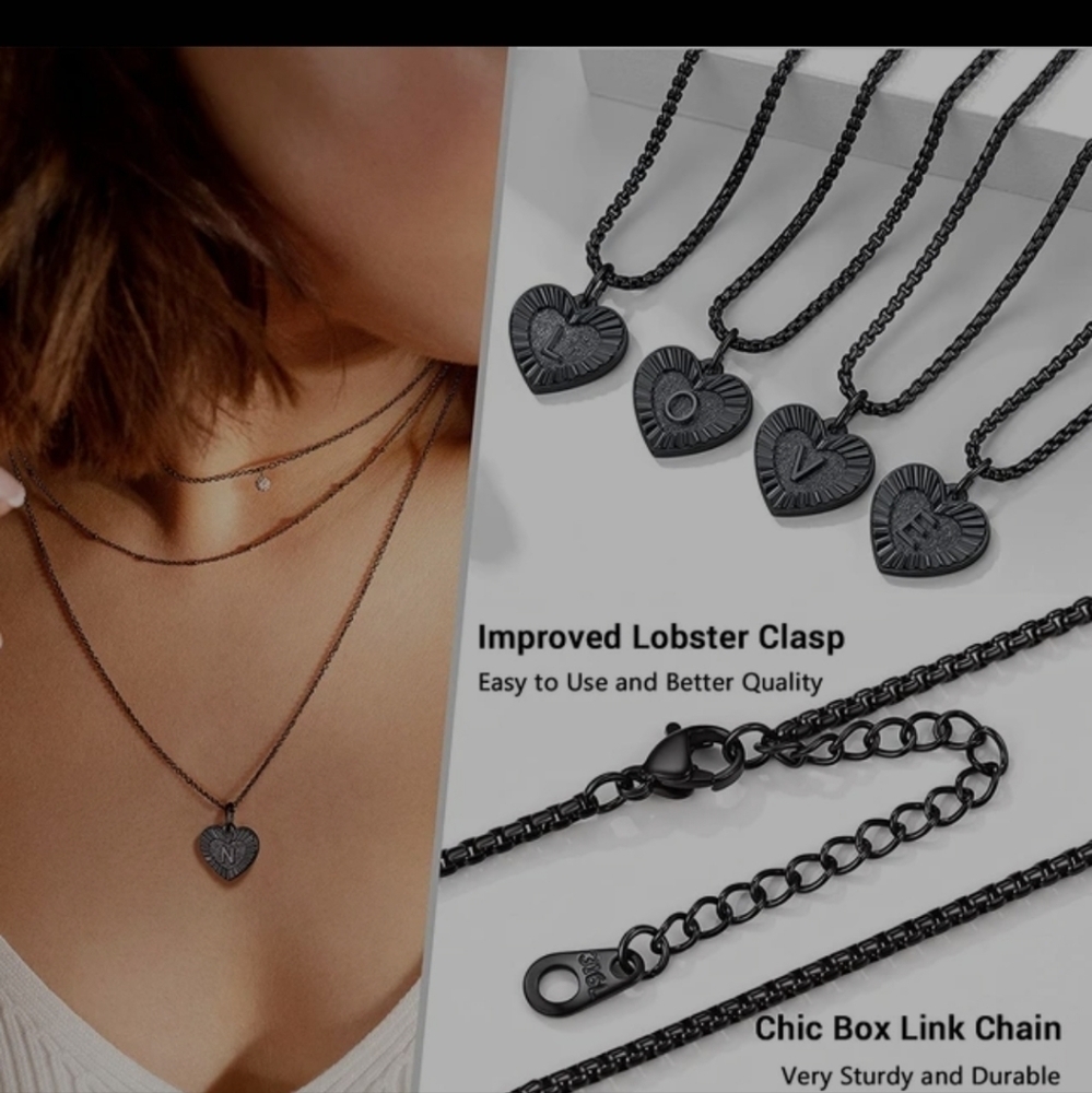 Chain Heart Black Stainless steel Necklace for Women Men Stylish new - Picture 3 of 5